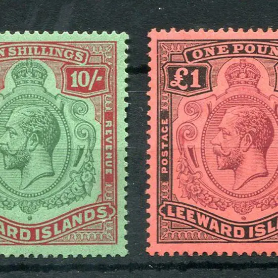 Leeward Islands 1921/32 10/- & £1 KGV, script wmk. ...