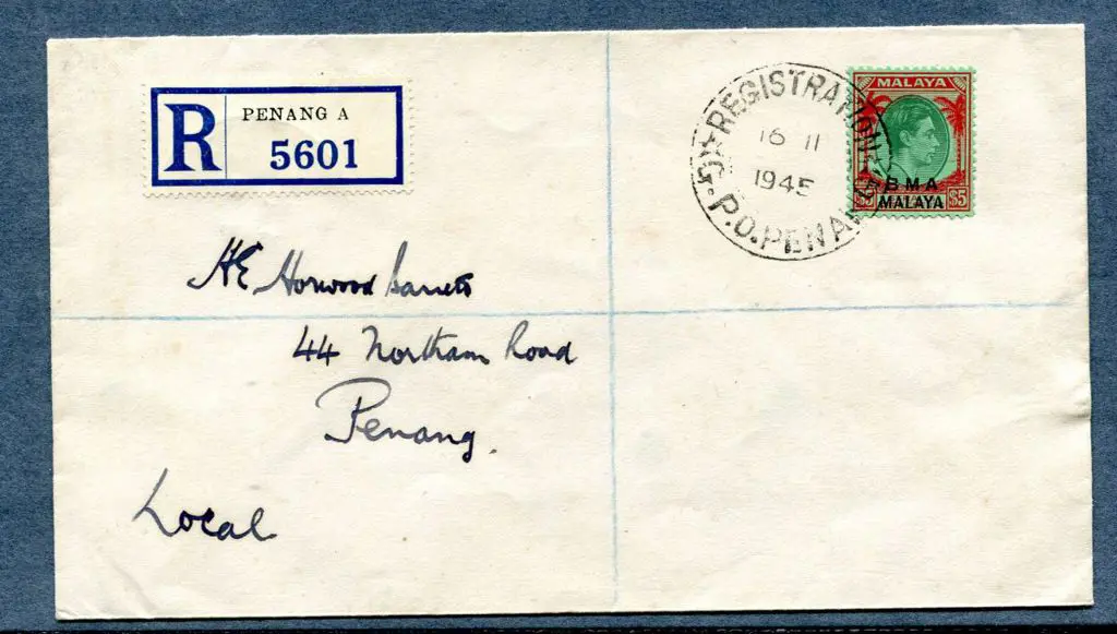 Malaya (BMA) 1945 (16th Nov) Penang Registered ... Image 1++