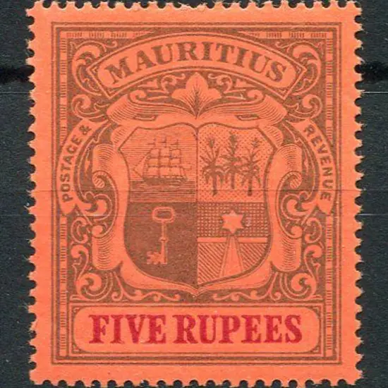 Mauritius 1900/05 5r purple & carmine on red. ...