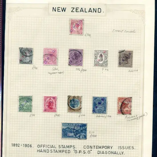 New Zealand 1891/1906 "O.P.S.O." diagonally ...