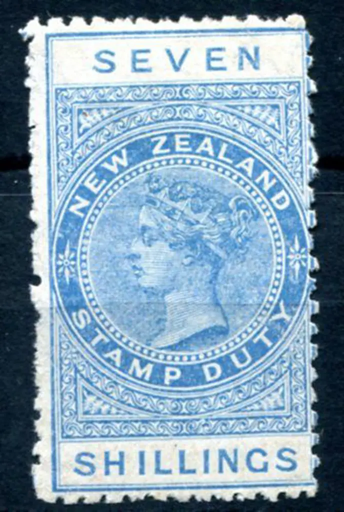 New Zealand 1895 7/- pale blue QV postal fiscal, ... Image 1++