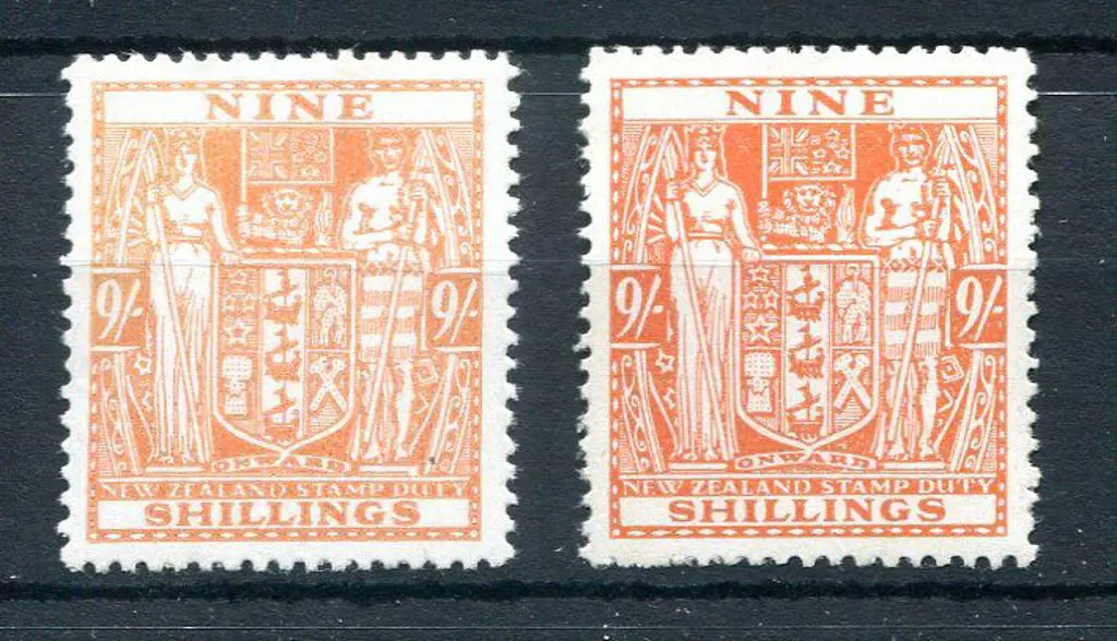 New Zealand 1946/51 9/- brown-orange Arms on ... Image 1++