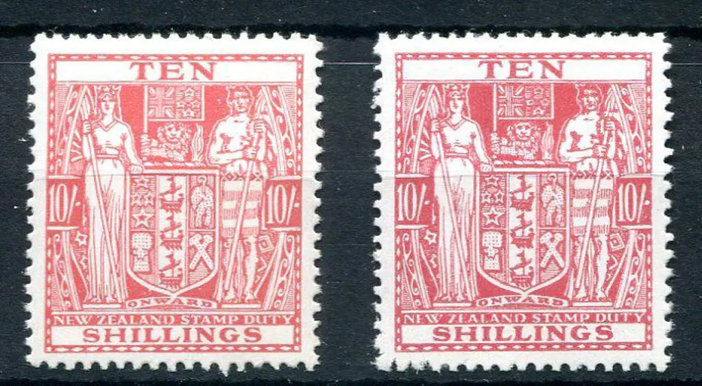 New Zealand 1950 10/- carmine-lake Arms on Wiggins ... Image 1++