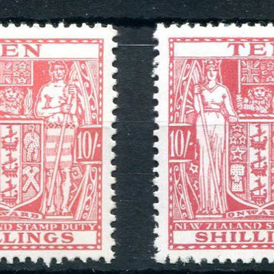 New Zealand 1950 10/- carmine-lake Arms on Wiggins ...