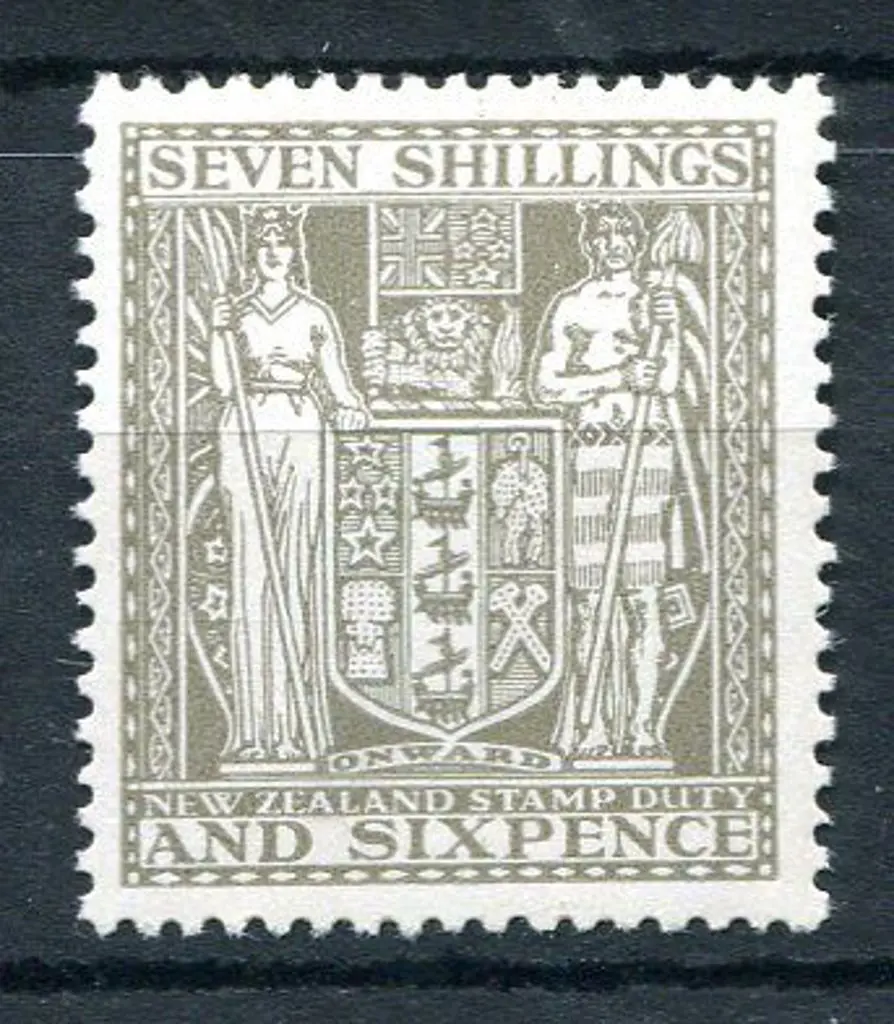 New Zealand 1950 7/6d olive-grey Arms on Wiggins ... Image 1++