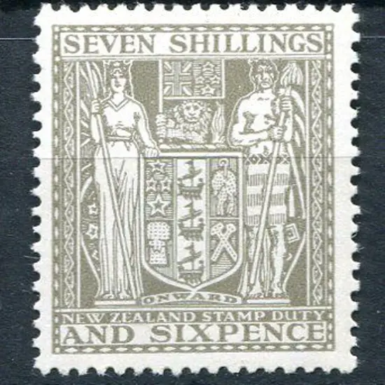New Zealand 1950 7/6d olive-grey Arms on Wiggins ...