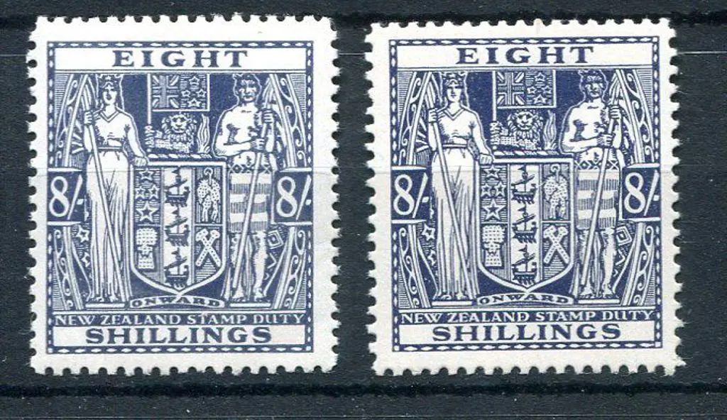 New Zealand 1950 8/- slate violet Arms on Wiggins ... Image 1++