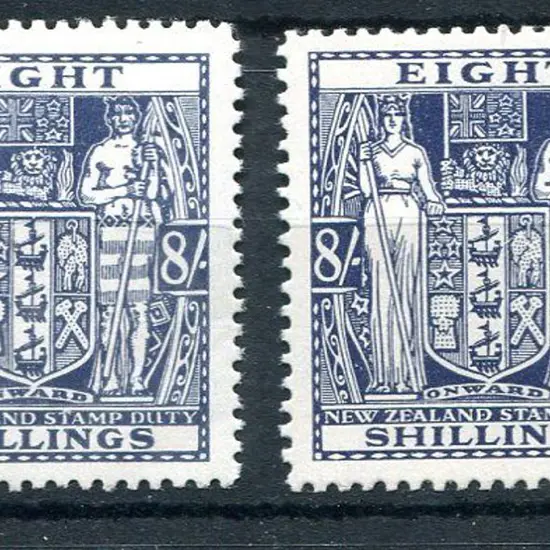 New Zealand 1950 8/- slate violet Arms on Wiggins ...