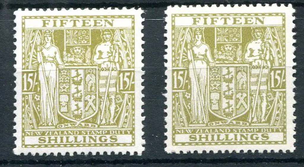 New Zealand 1950 15/- sage-green Arms on Wiggins ... Image 1++