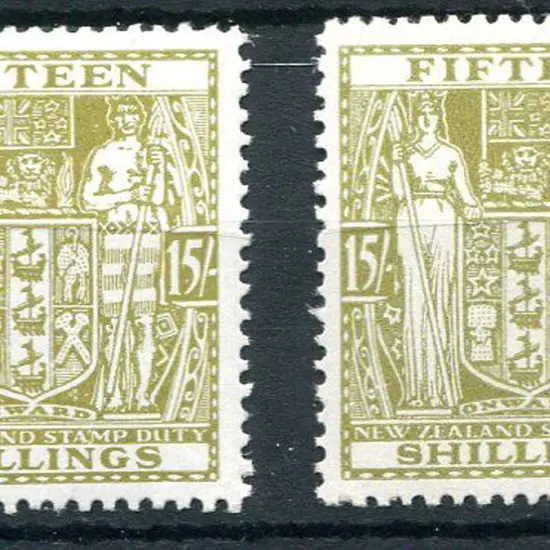 New Zealand 1950 15/- sage-green Arms on Wiggins ...