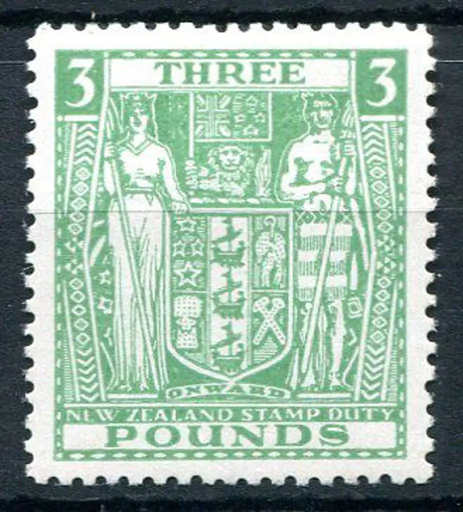 New Zealand 1952 £3 green Arms on Wiggins Teape ... Image 1++