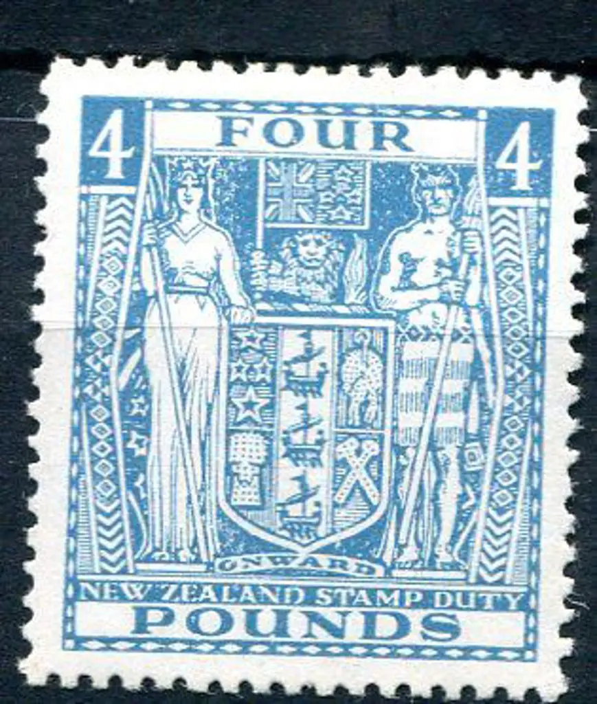 New Zealand 1952 £4 light blue Arms on Wiggins ... Image 1++