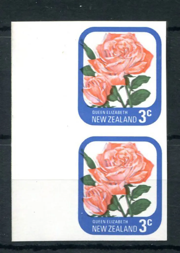 New Zealand 1975 3¢ Rose left margin vertical pair ... Image 1++