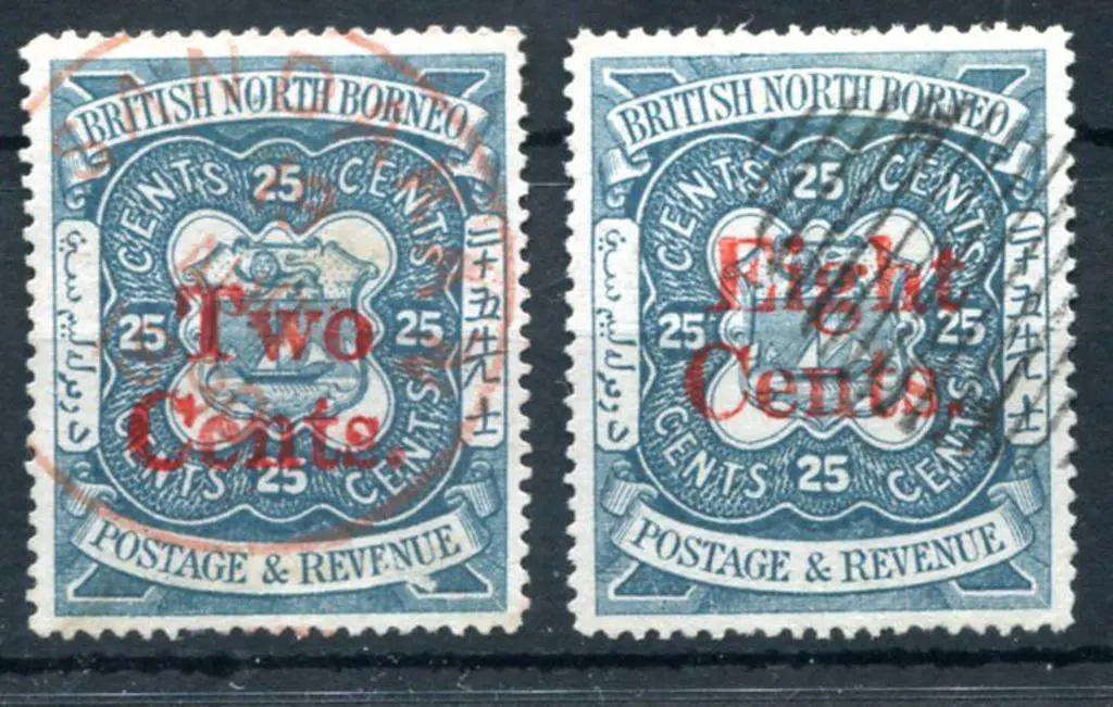 North Borneo 1890 "Two Cents." on 25¢ & "Eight ... Image 1++