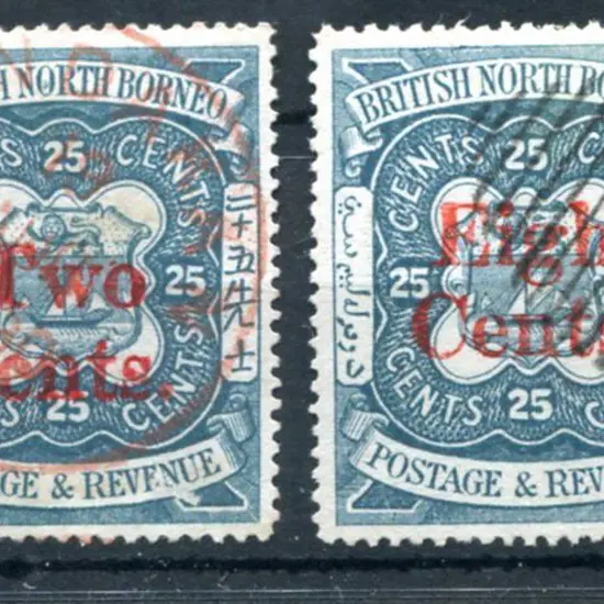 North Borneo 1890 "Two Cents." on 25¢ & "Eight ...