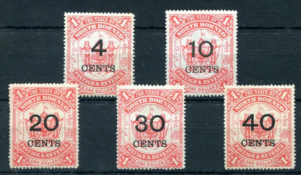 North Borneo 1895 $1 scarlet surcharges with 4¢ ... Image 1++