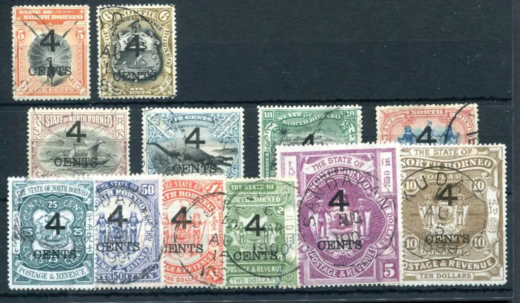 North Borneo 1899 "4 cents" surcharges set of 12 ... Image 1++