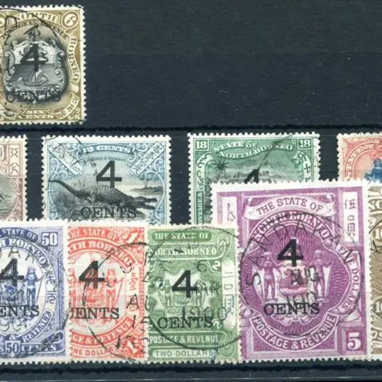 North Borneo 1899 "4 cents" surcharges set of 12 ...
