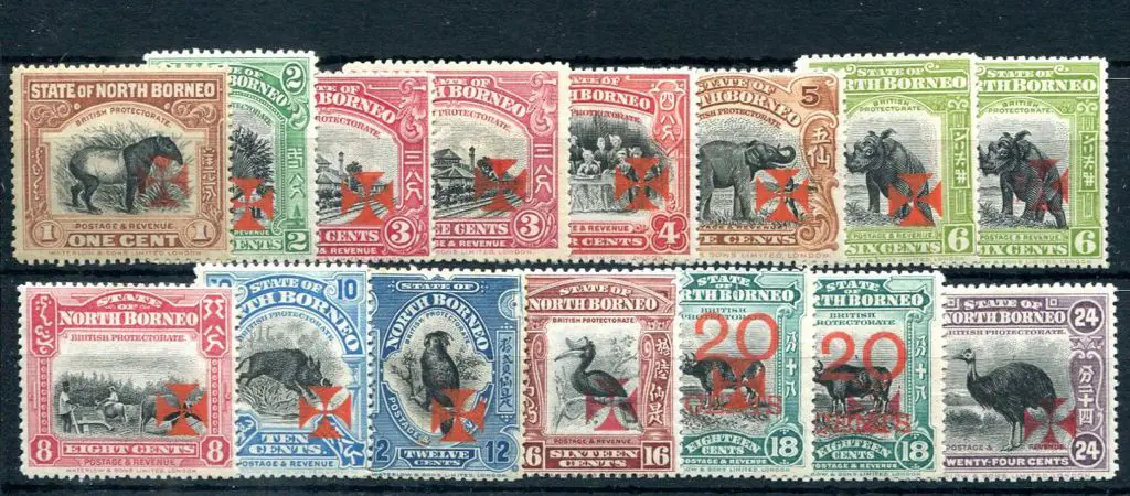 North Borneo 1916 1c to 24c "Cross" ovpts in mixed ... Image 1++