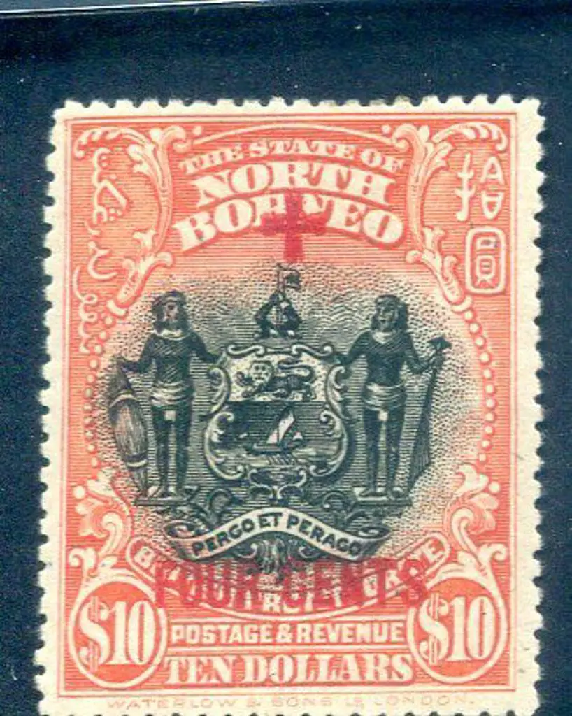 North Borneo 1918 $10 "+ FOUR CENTS" in red on ... Image 1++
