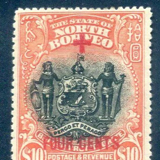 North Borneo 1918 $10 "+ FOUR CENTS" in red on ...