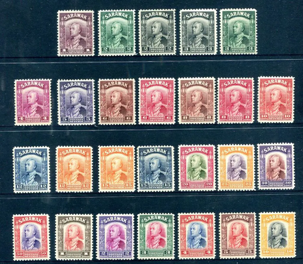 Sarawak 1934/41 1c to $10 Vyner Brooke set to $10. ... Image 1++