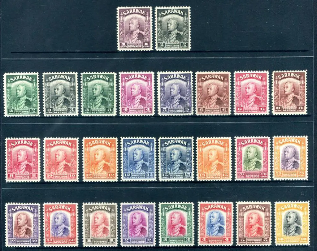 Sarawak 1934/41 1c to $10 Vyner Brooke set to $10. ... Image 1++