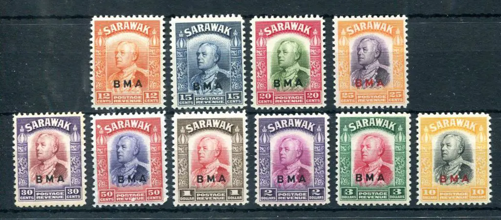 Sarawak 1945 12c to $10 "BMA" ovpts (excl $4, $5). ... Image 1++