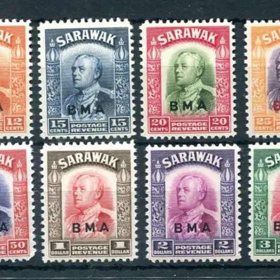 Sarawak 1945 12c to $10 "BMA" ovpts (excl $4, $5). ...