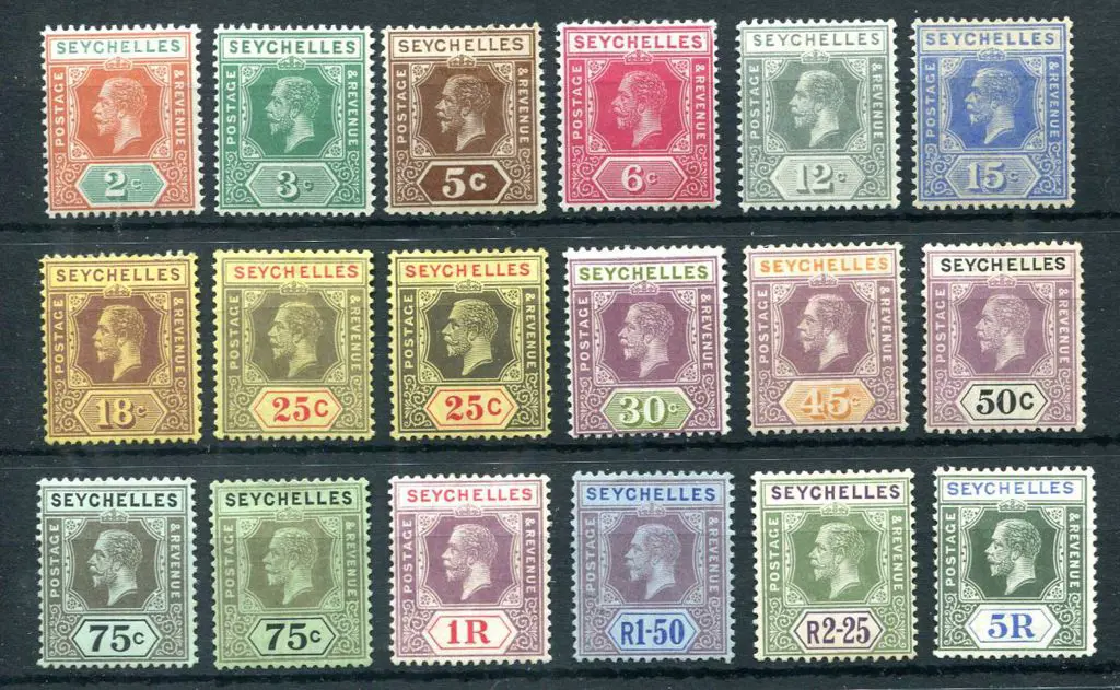 Seychelles 1917/22 KGV MCA wmk set to 5r incl two ... Image 1++