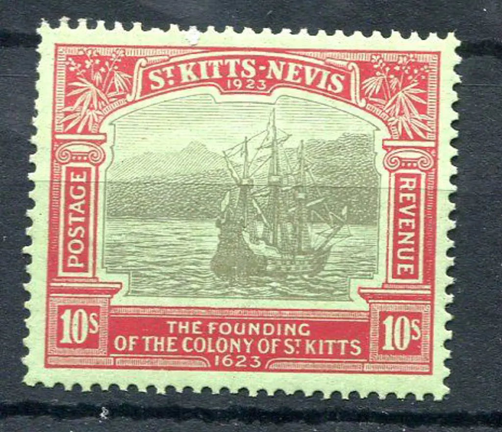 St Kitts Nevis 1923 10/- black & red on emerald ... Image 1++