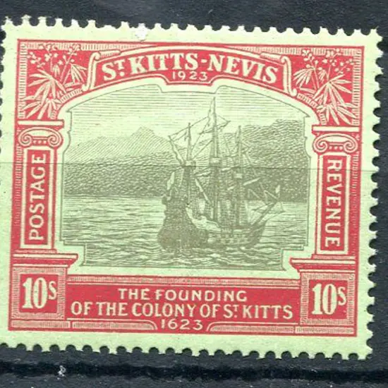 St Kitts Nevis 1923 10/- black & red on emerald ...