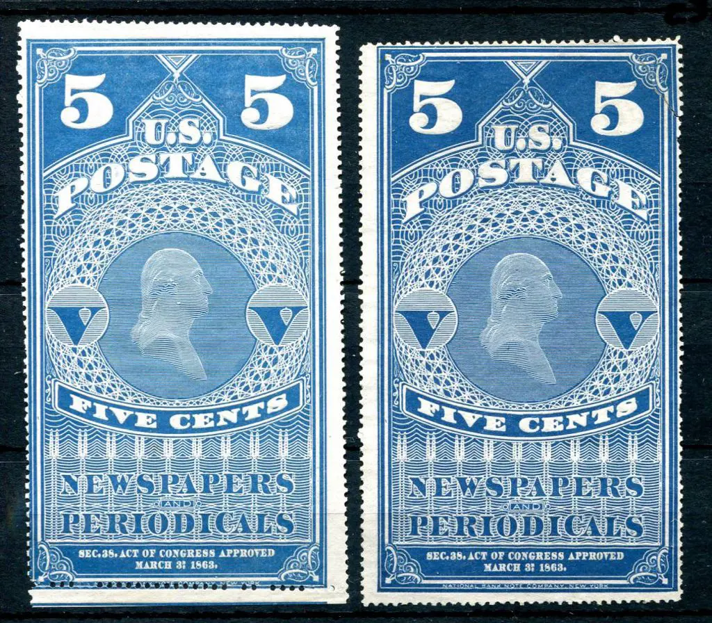USA 1865 & 1875 5¢ Newspaper ungummed perf. 12 ... Image 1++