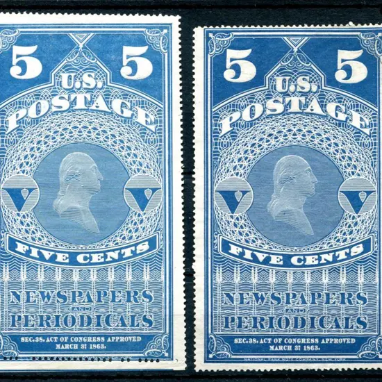 USA 1865 & 1875 5¢ Newspaper ungummed perf. 12 ...