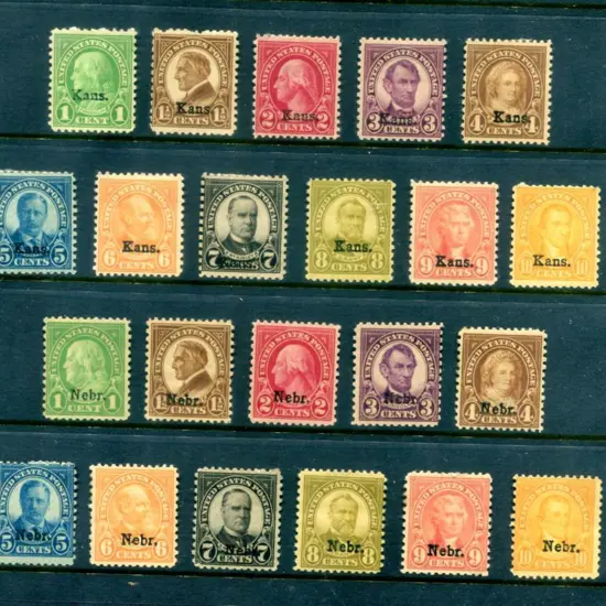 USA 1929 "Kans" & "Nebr." ovptd sets of 11. MLH ...