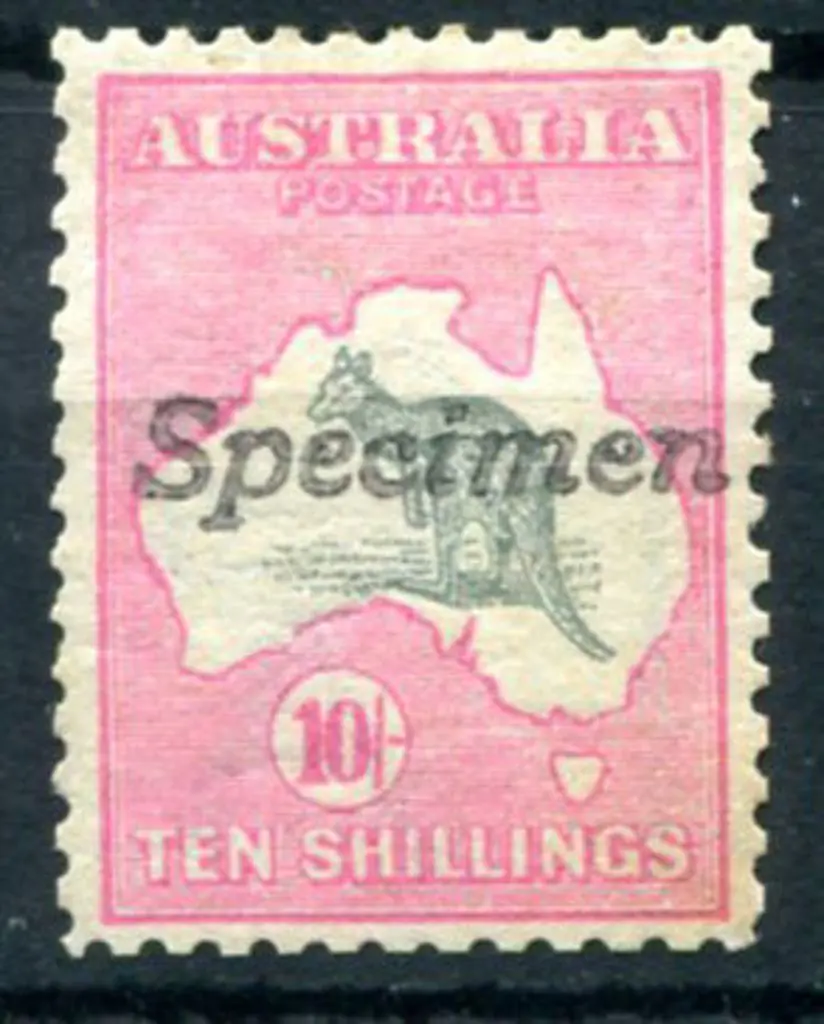 10/- grey & pink handstamped "Specimen" type A. ... Image 1++