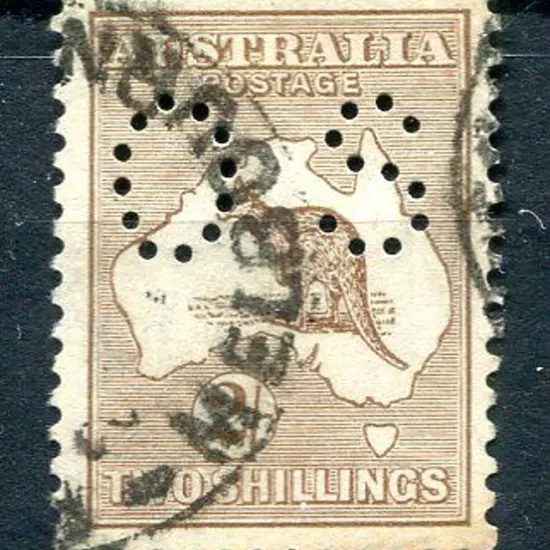 2/- brown perfined small "OS". A couple of stained ...