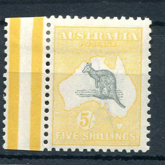 5/- grey & pale yellow with left gutter selvedge. ...