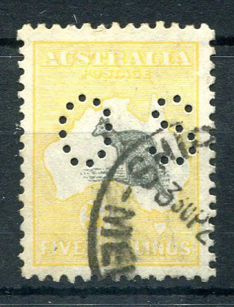 5/- grey & pale yellow perfined "OS" with "broken ... Image 1++