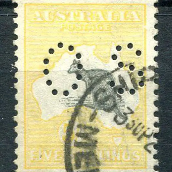 5/- grey & pale yellow perfined "OS" with "broken ...