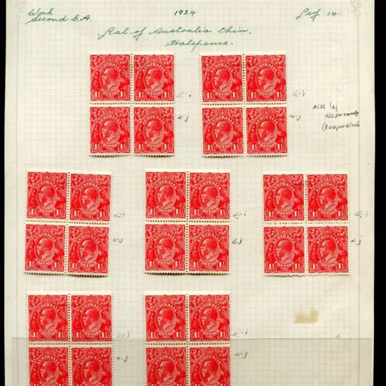 1914-20 Single watermark 1½d red with 7 blocks of ...