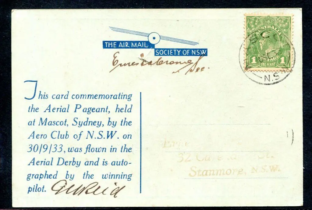 1933 (30th Sept) Air Mail Society of NSW blue card ... Image 1++