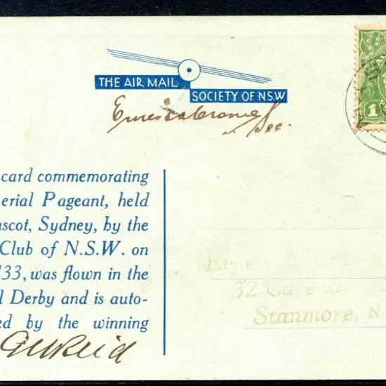 1933 (30th Sept) Air Mail Society of NSW blue card ...