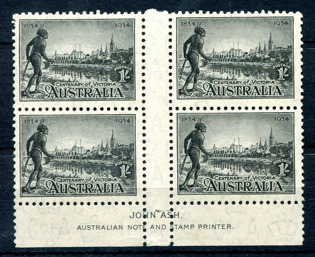 1934 1/- Vic Cent perf. 10½ John Ash imprint block ... Image 1++
