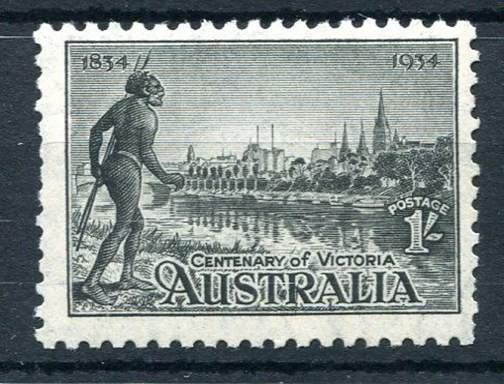 1934 1/- Vic Cent perf. 10½ with "vertical line ... Image 1++