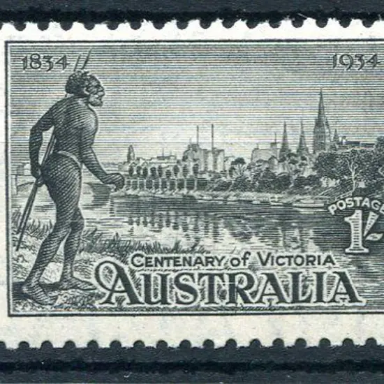 1934 1/- Vic Cent perf. 10½ with "vertical line ...