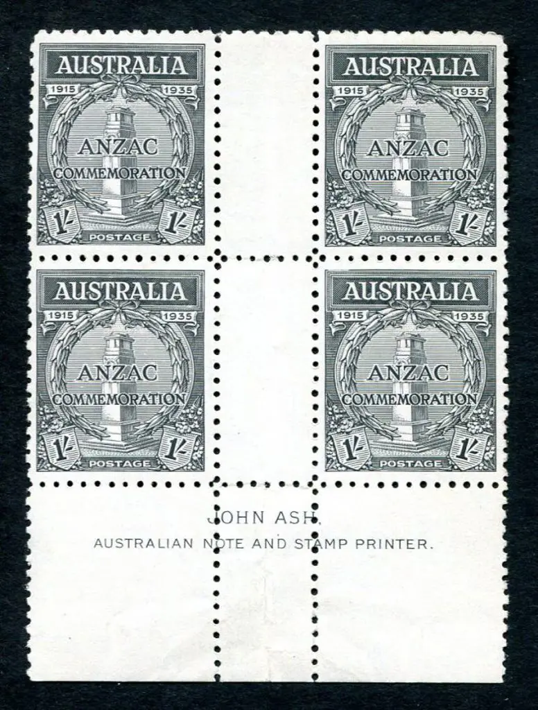 1935 1/- Anzac in John Ash imprint block of 4. ... Image 1++