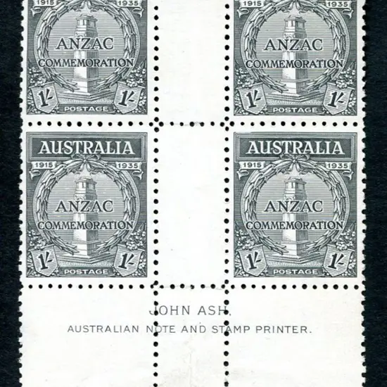 1935 1/- Anzac in John Ash imprint block of 4. ...