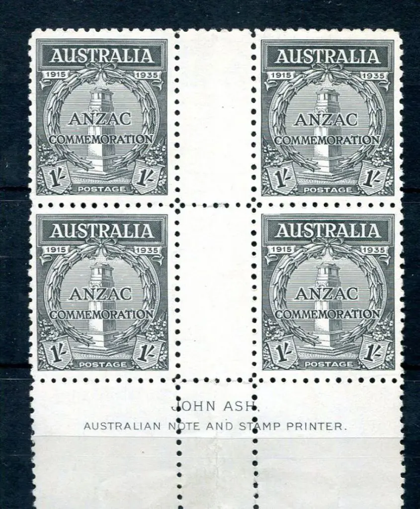 1935 1/- Anzac in upper left Plate 1 block of 4. ... Image 1++
