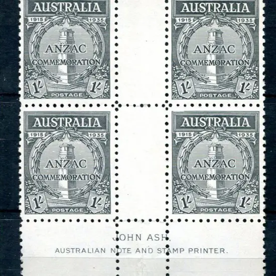 1935 1/- Anzac in upper left Plate 1 block of 4. ...